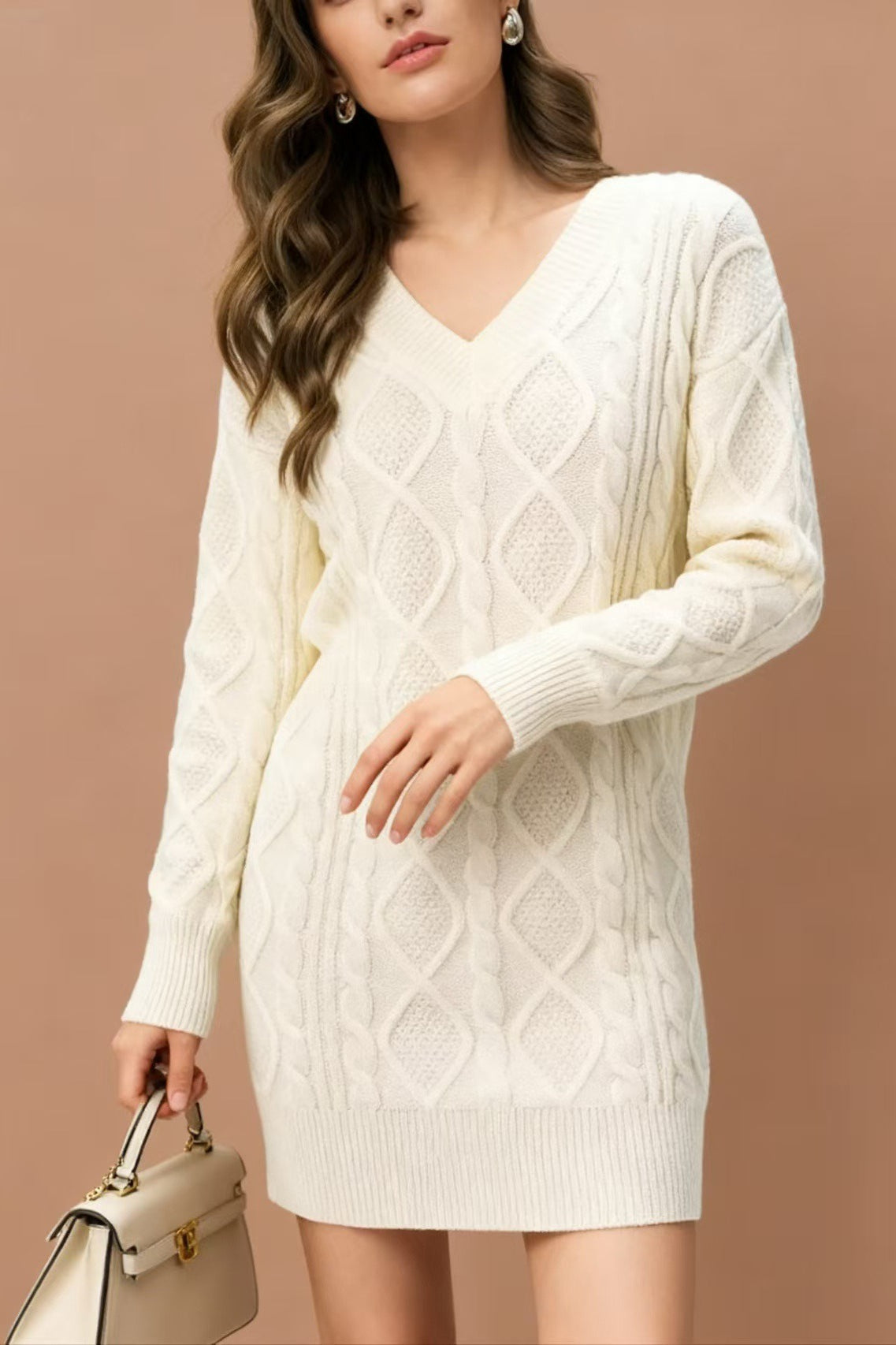 V-neck Cable-knit Sweater Mini Dress