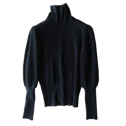 Black Turtleneck Long Puff Sleeve Knit Sweater Tw001