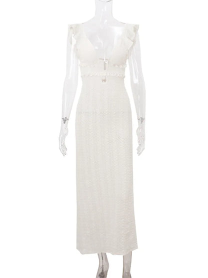 Deep V Neck Dresses Sleeveless Slim High Waist Long Dress Femme Holiday Knitted Beach Dress Woman