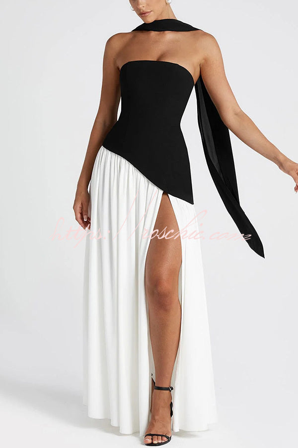 Off Shopulder Chiffon Pleated Hem Scarf Slit Maxi Dress