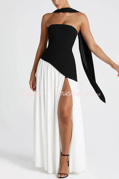 Off Shopulder Chiffon Pleated Hem Scarf Slit Maxi Dress