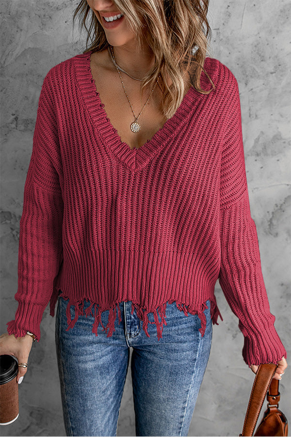 Tassel Hem Pullover V Neck Sweater