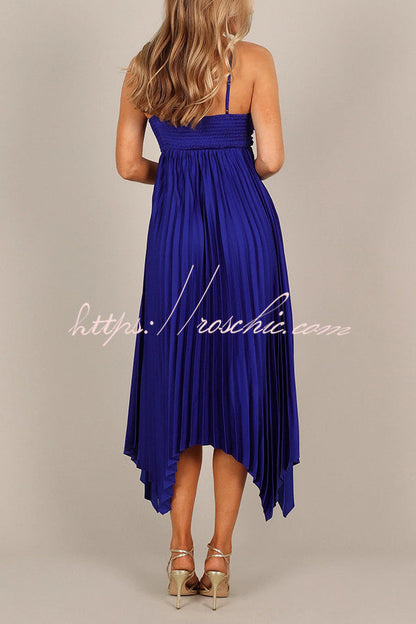 Color Suspender Pleated Irregular Midi Dress