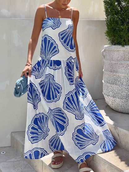 Holiday Ocean Shell Print Sling Maxi Dress