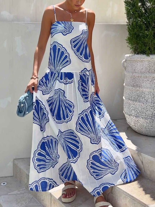 Holiday Ocean Shell Print Sling Maxi Dress