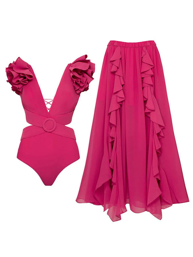 Deep V Red Cutout One Piece Swimsuit and Skirt