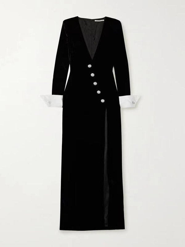Long Sleeves Skinny Asymmetric Buttoned Shoulder Pad Split-front Deep V-neck Maxi Dresses