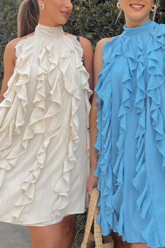 Chiffon High Neck Ruffle Pleated A-line Mini Dress
