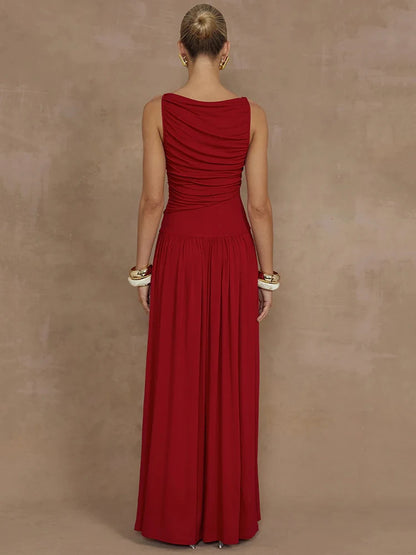 Sleeveless Maxi Dress for Boat Neck Tank Dresses Ruched Long Dress New Gown