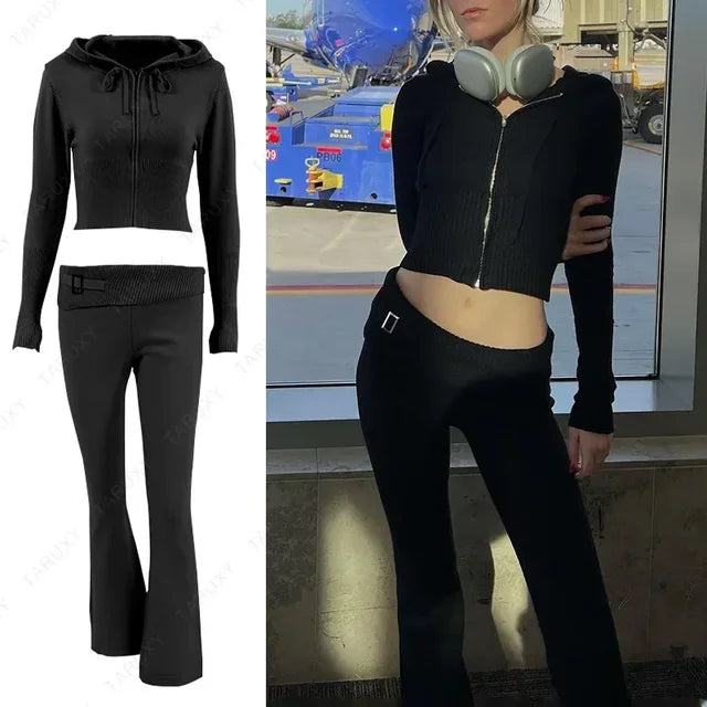 New Knitted Hoodie Cropped Top and Pants Sets White Y2k Outfits Low Waist Knit Two Piece Sets for Tracksuit