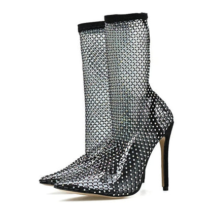 Liyke Yellow Green Mesh Ankle Boots Crystal Stretch Fabric Socks Shoes Party Nightclub Stripper Heels Pumps