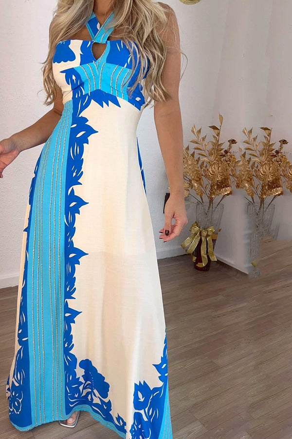 Unique Print Halter Neck Hollow Back Tie Maxi Dress