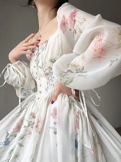 French Vinatge Evening Party Long Dresses for A-line Princess Dress Lantern Sleeve Spring Summer Prom Robe Vestidos
