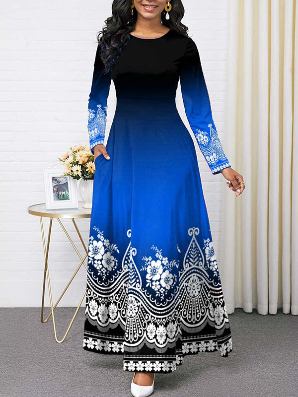 Long Sleeves Contrast Color Printed Round-neck Maxi Dresses
