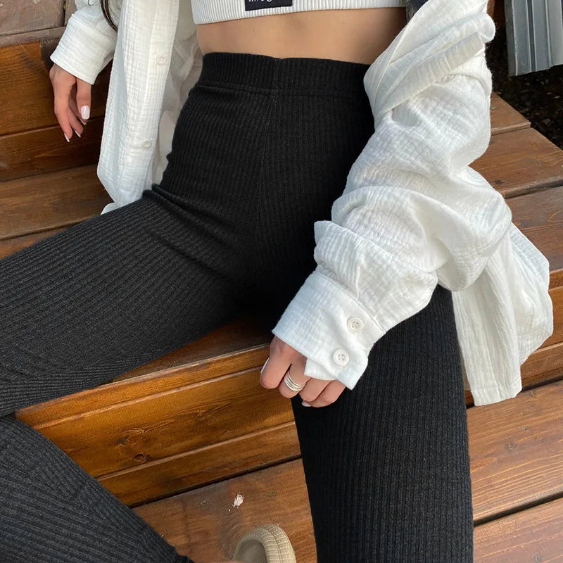 Beige Ribbed Knit Leggings High Waist Cotton Fitness Basic Pants Spring New All-match Female Skinny Leggings