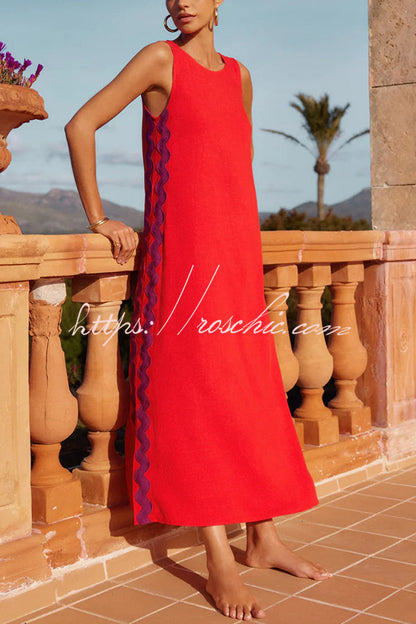 Vacation Villa Side Ric Rac Wave Trim Slit Loose Maxi Dress