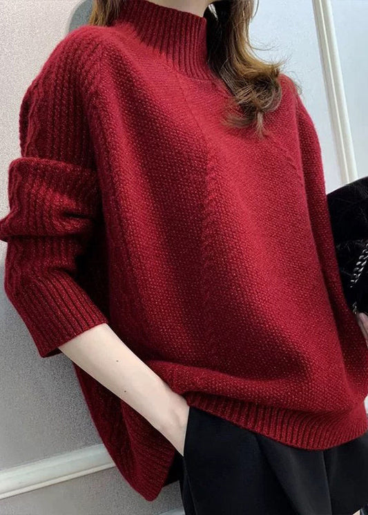 Red Turtleneck Cozy Cotton Knit Sweater Fall Qx033
