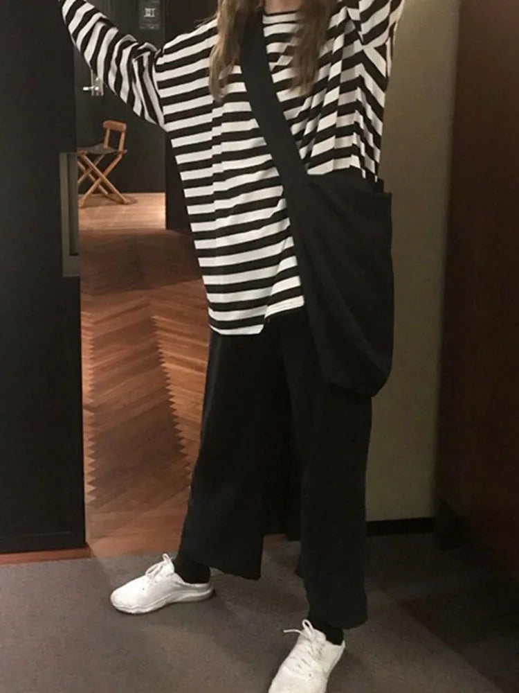 Spring Autumn Harajuku Striped Tshirt Long Sleeve O-neck T-shirts Ulzzang Korean T Shirt Femme Black Tops