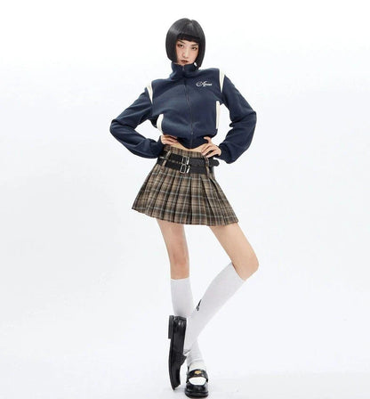 Plaid Double-belt Pleated Skirt