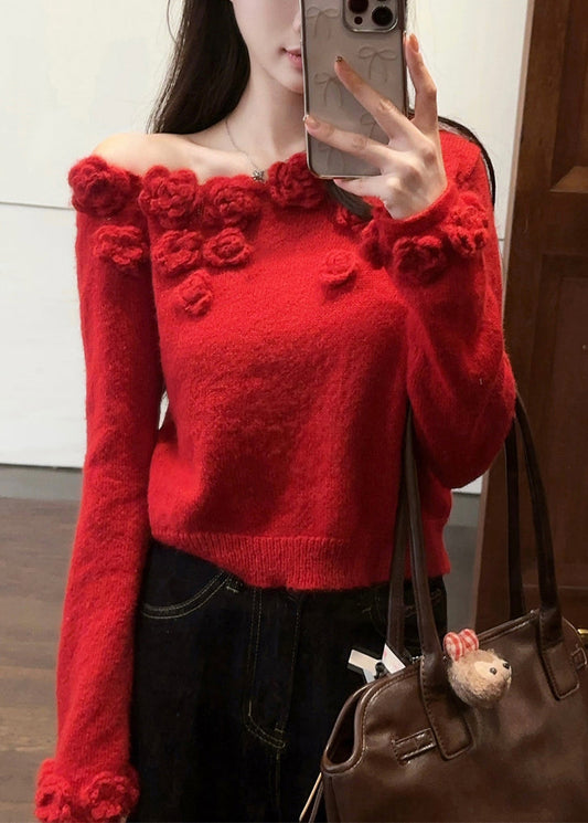 Red Patchwork Knit Sweater Asymmetrical Winter Wv006