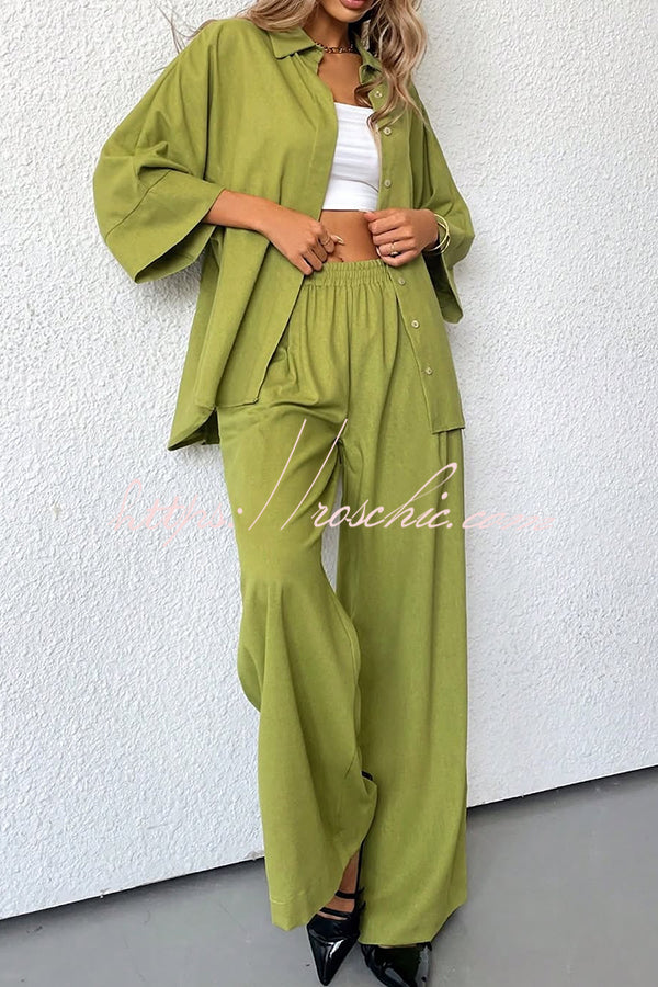 Color Loose Shirt and Elastic Waist Pocket Wide Leg Pants Set