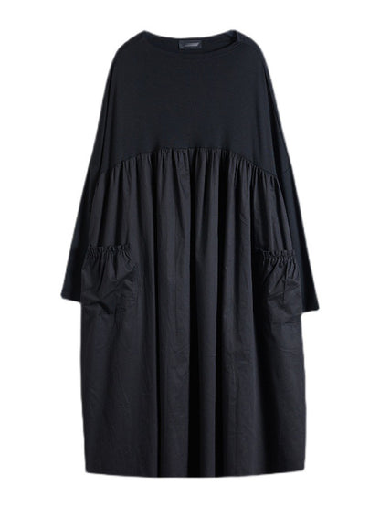 Simple Loose Black Split-joint Long Sleeves Midi Dress