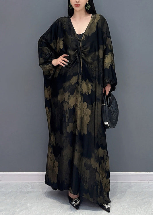 Black V Neck Print Holiday Maxi Dress Long Sleeve Ao1068