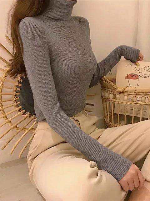 New Pullover Turtleneck Sweater Autumn Long Sleeve Slim Elastic Korean Simple Basic Jumper Color Top