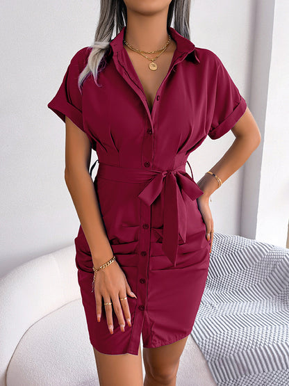 Short Sleeves Bandage Pleated Color Lapel Mini Dresses