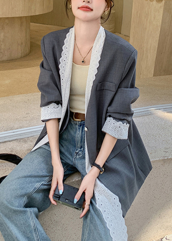 Stylish Grey Notched Bow Lace Patchwork Coats Fall Wd030
