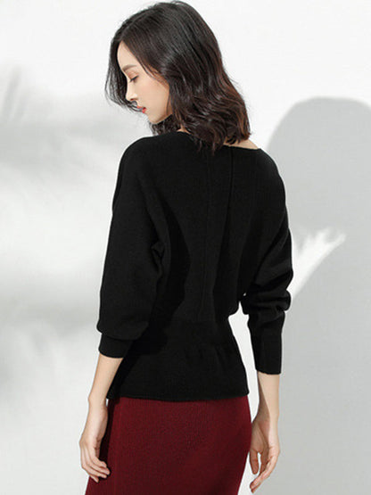 Red Boat Neck Tunic Ruffled Hem Long Sleeve Sweater An1040