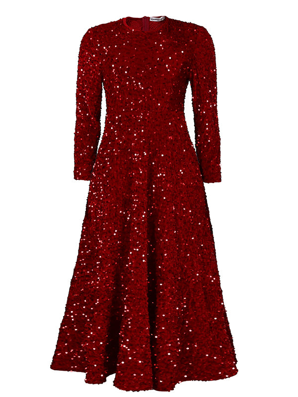 A-line High Waisted Sequined Split-joint Zipper Round-neck Maxi Dresses