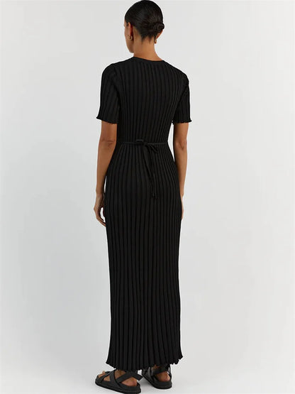Ribbed Short Sleeve Maxi Dress Knitwear Lace-up High Waist Patchwork Dress Autumn Female Knit Dress New