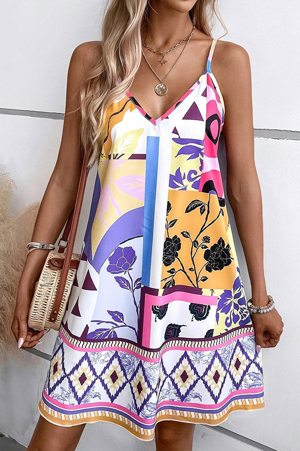 Unique Print Suspender V-neck Loose Mini Dress