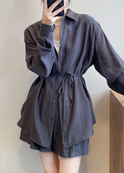 Spring Button Gray Peter Dark Silk Pan Collar Two-piece Set