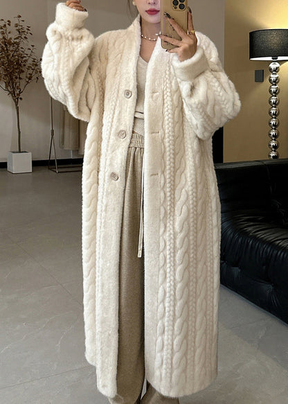 Beige V Neck Button Mink Hair Leather and Fur Long Coats Winter Wv022
