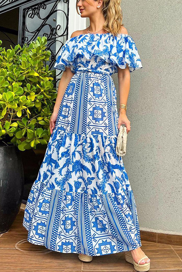 Irene Print Off the Shoulder Belted Ruffle Maxi Dress