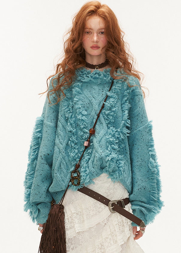 Blue Cold Shoulder Tassel Thick Cotton Knit Sweaters Winter Qx003
