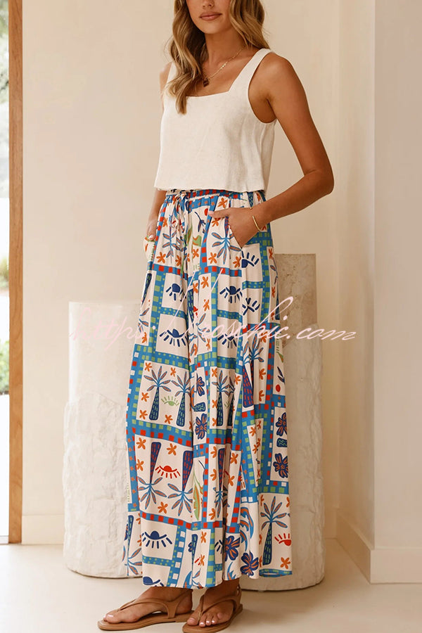 Unique Print Lapel Short Sleeve Loose Shirt and Elastic Waist Pocket Wide Leg Pants Set