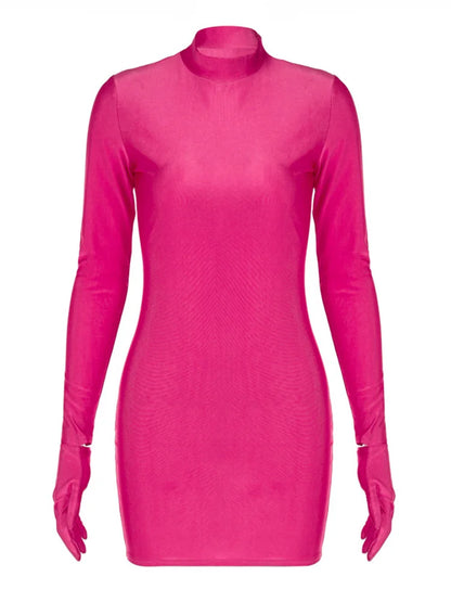 Long Sleeve With Gloves Mini Dress Bodycon Party Half Turtleneck Outfits Y2k Clothes