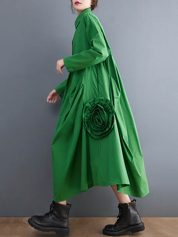 Urban Applique Pleated Long Sleeves Shirt Dress Midi Dress