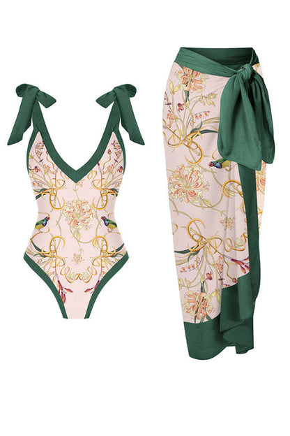 Full of Sunshine Printed Shoulder Tie One-piece Swimsuit With Midi Cover-up Skirt