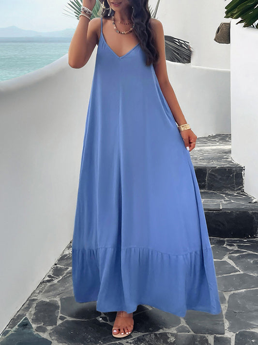 Loose Sleeveless Pleated Color Split-joint Spaghetti-neck Maxi Dresses