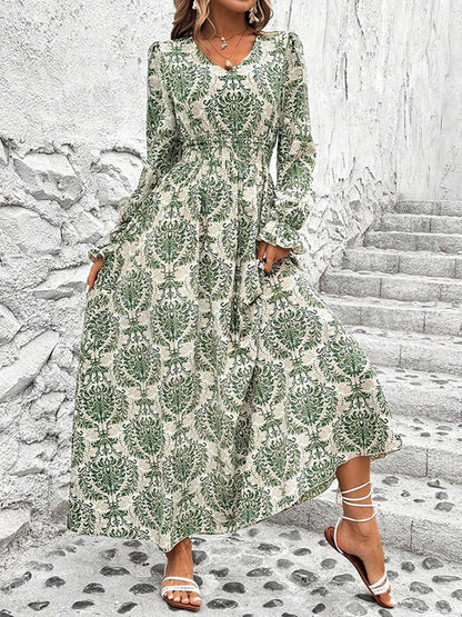 Loose Puff Sleeves Elasticity Printed Split-joint V-neck Maxi Dresses