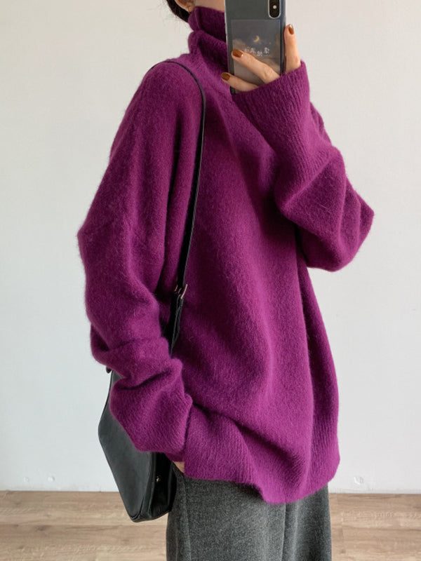 Red High Neck Split Hem Long Sleeve Sweater An1056