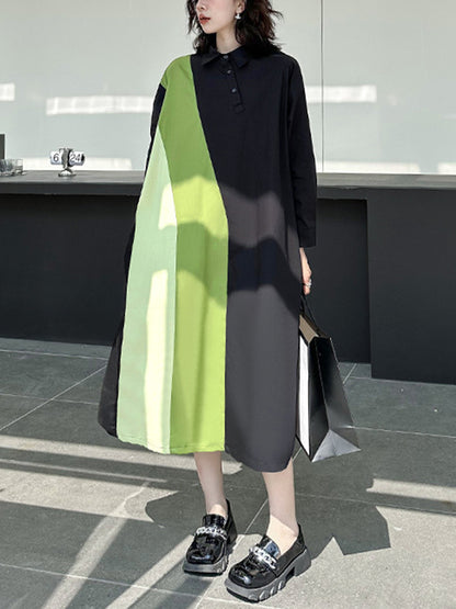 Long Sleeves Loose Asymmetric Buttoned Contrast Color Split-joint Lapel Midi Dresses Shirt Dress