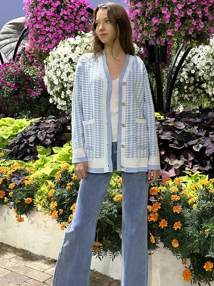 Houndstooth Knitted Cardigan Loose Pockets Oversized Sweater Knitwear Cardigans Femme