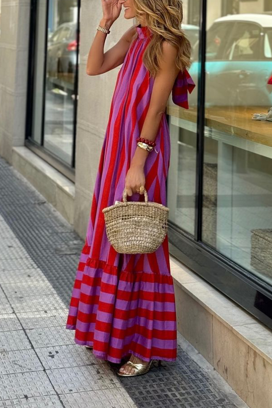 Red Striped Loose Backless Long Dress