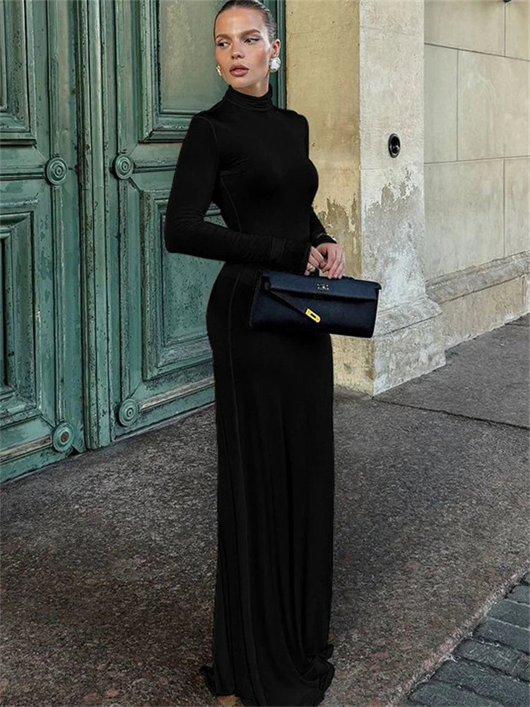 Turtleneck Long Dress Female High Waist Long Sleeve Slim Autumn New Dress ’s Party Dress