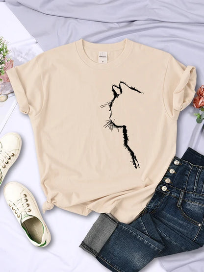 Simple Strokes of Cat Funny Printed T-shirt Short Sleeve O-neck Personality Street Tee Clothing Summer Tops